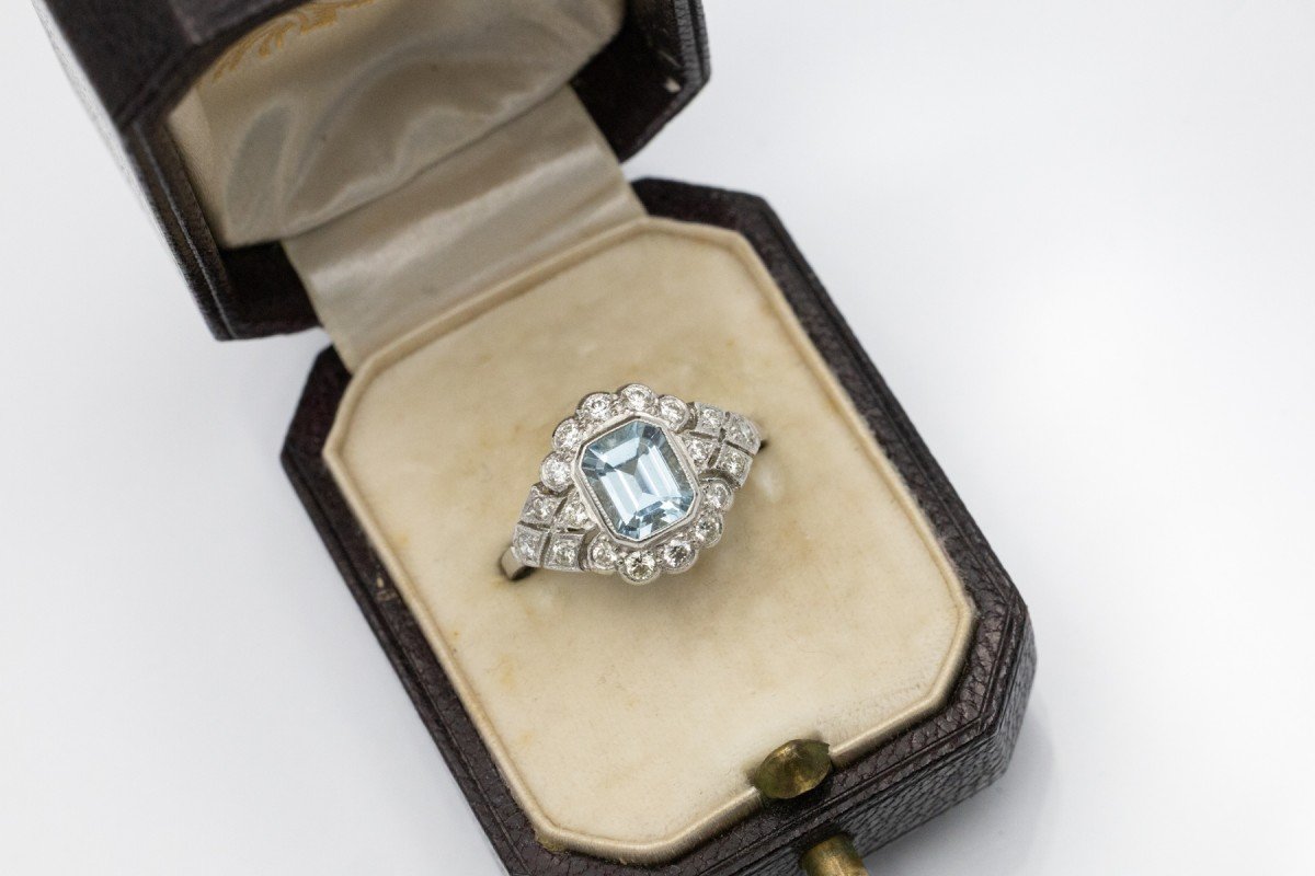 Bague Art Déco en platine avec aigue-marine et diamants-photo-6