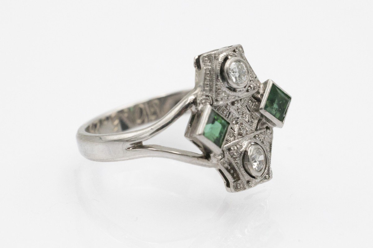Bague Art Déco en or et platine ornée de diamants et de tourmalines, années 1920/1930-photo-2