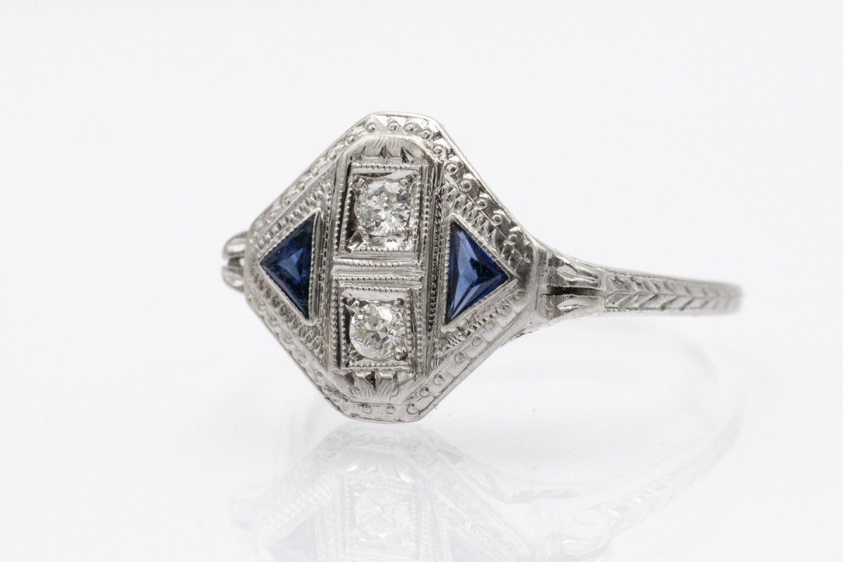 Bague Art Déco avec diamants et saphirs synthétiques, Tchécoslovaquie, vers 1920-1930.-photo-4