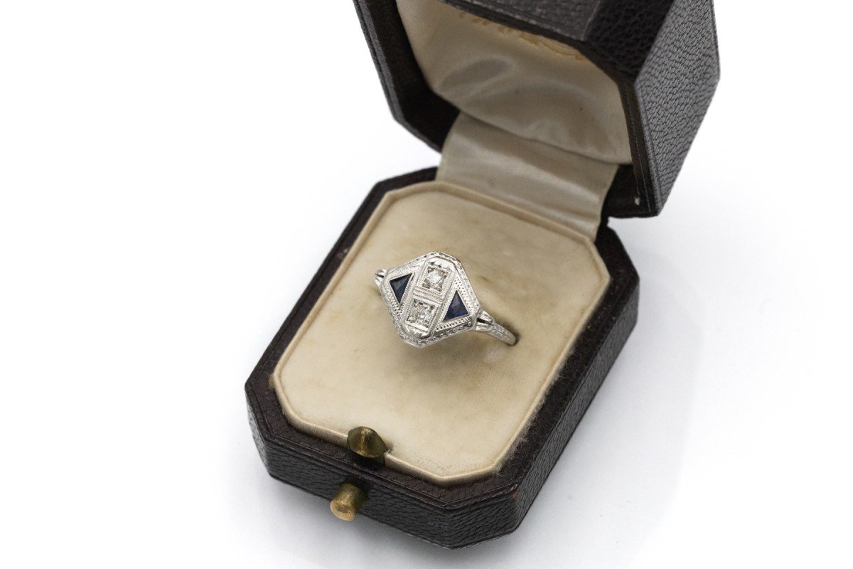 Bague Art Déco avec diamants et saphirs synthétiques, Tchécoslovaquie, vers 1920-1930.-photo-6