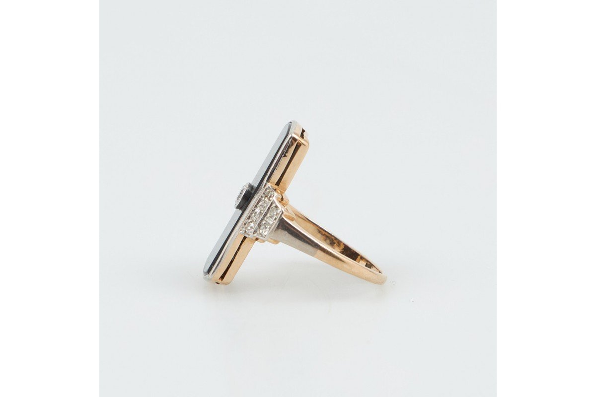 Vintage Art Deco Ring In Onyx And Diamonds, 1930s.-photo-2
