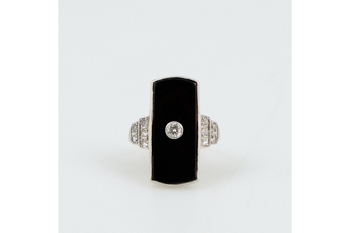 Vintage Art Deco Ring In Onyx And Diamonds, 1930s.-photo-4