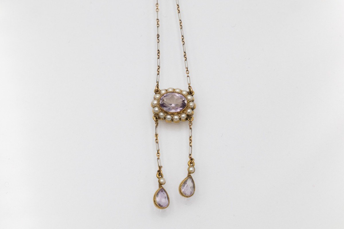 Collier négligé ancien en or avec améthystes et perles, vers 1900.-photo-3