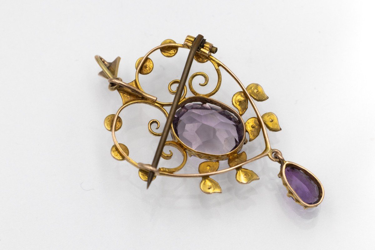 Broche-pendentif ancienne en forme de cœur, de style édouardien, ornée d'améthystes et de perle-photo-2