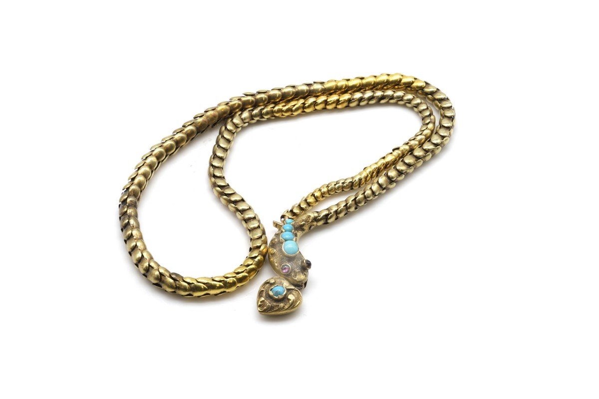 Collier victorien en or représentant un serpent, orné de turquoises , milieu du XIXe siècle.-photo-1