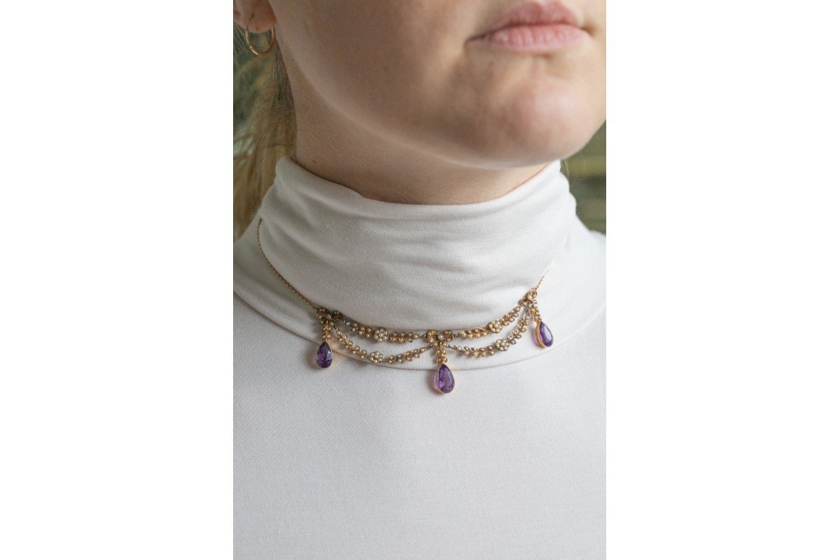 Collier édouardien du début du XXe siècle en or orné d'améthystes et de perles-photo-2