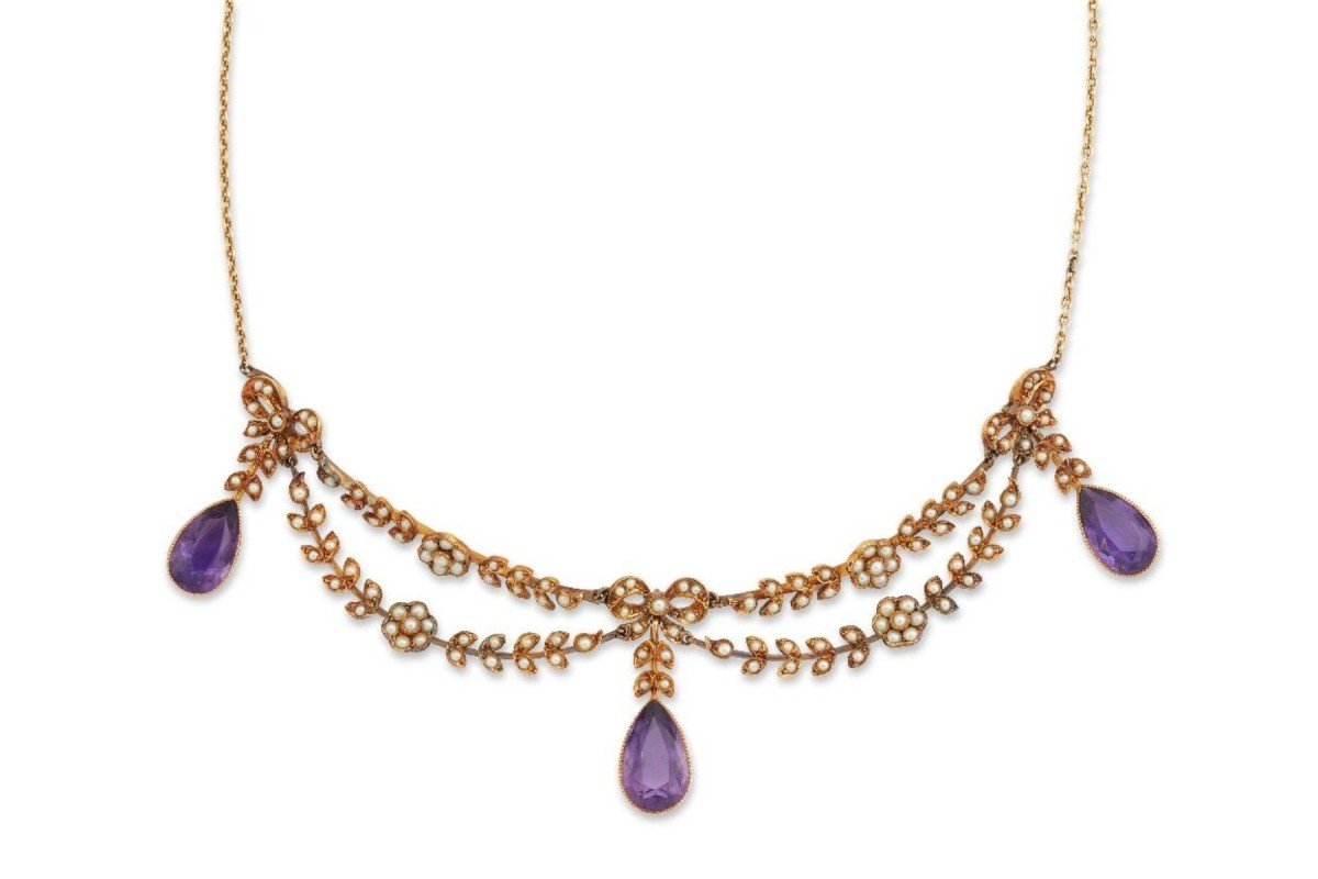 Collier édouardien du début du XXe siècle en or orné d'améthystes et de perles-photo-3