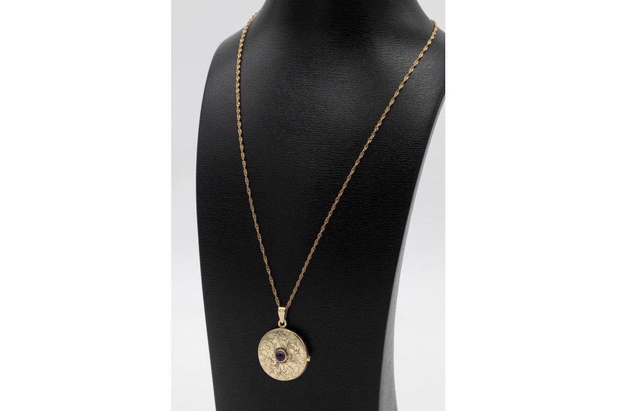 Gold Locket Pendant With Amethyst, Mid-20th Century-photo-1