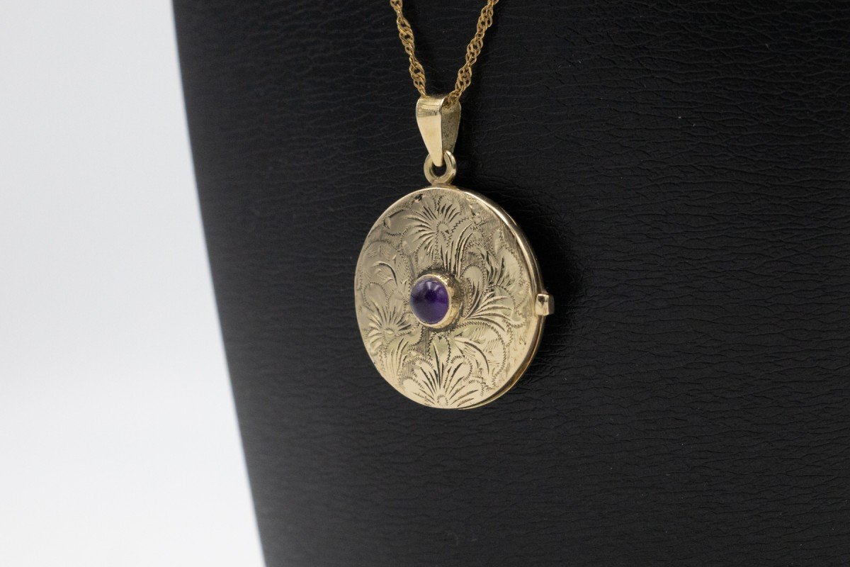 Gold Locket Pendant With Amethyst, Mid-20th Century-photo-2