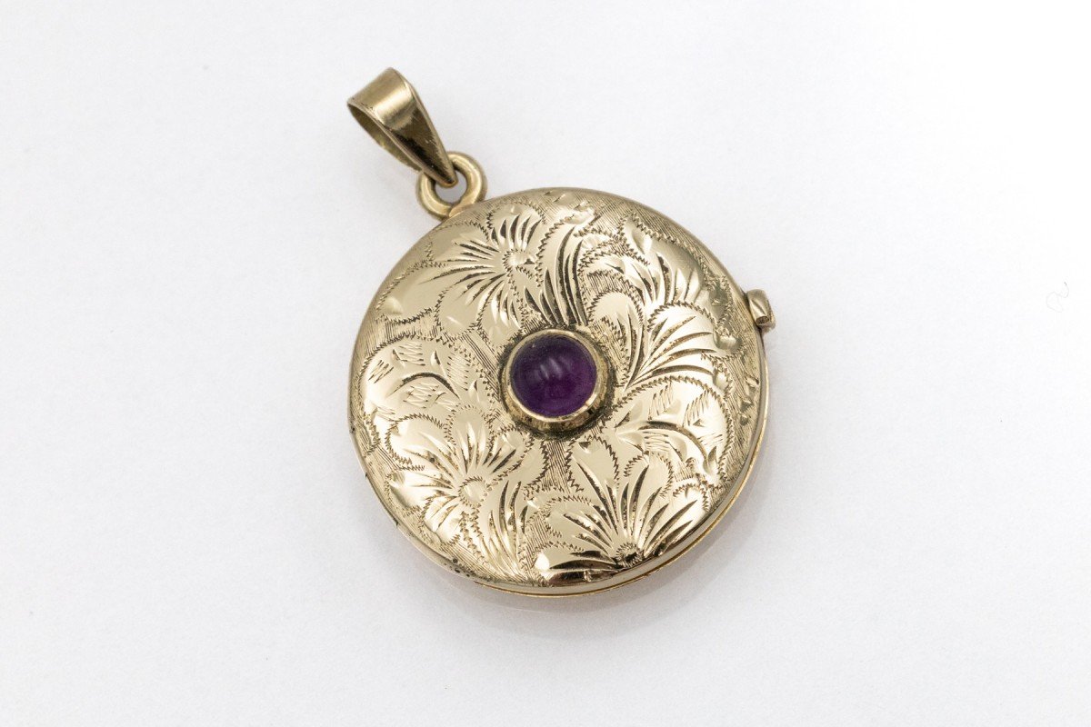 Gold Locket Pendant With Amethyst, Mid-20th Century-photo-6