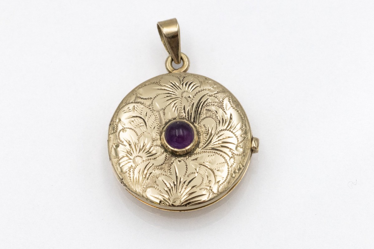 Gold Locket Pendant With Amethyst, Mid-20th Century