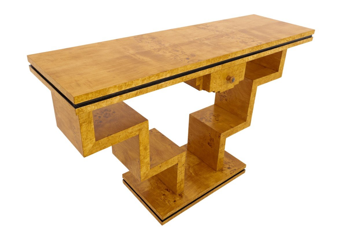 Art Deco-style Geometric Console Table Made Of Burl Walnut.-photo-4