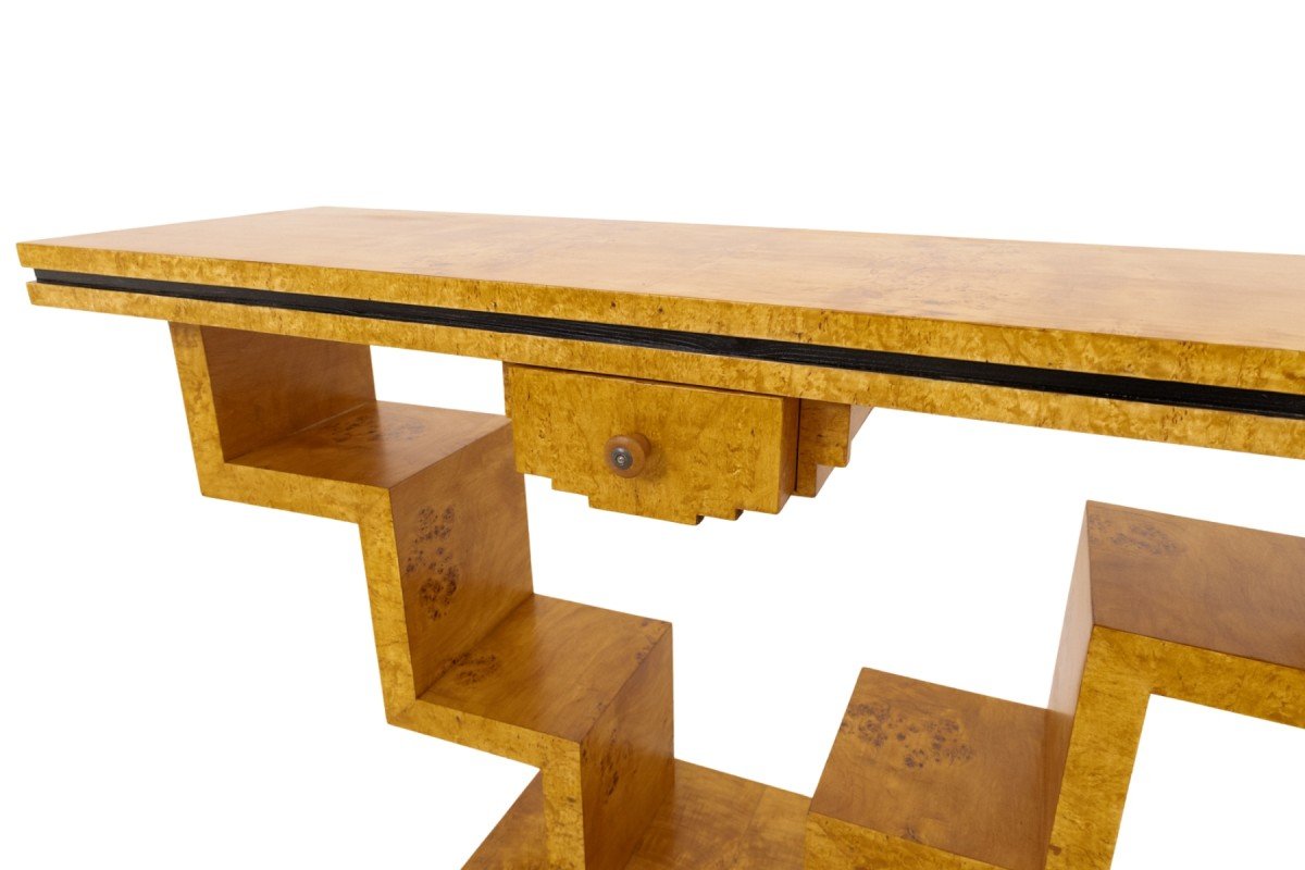 Art Deco-style Geometric Console Table Made Of Burl Walnut.-photo-1