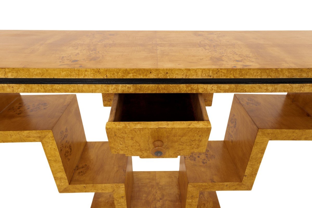 Art Deco-style Geometric Console Table Made Of Burl Walnut.-photo-4