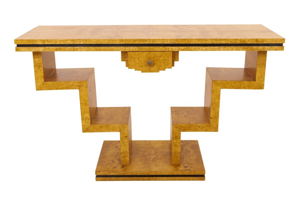 Art Deco-style Geometric Console Table Made Of Burl Walnut.