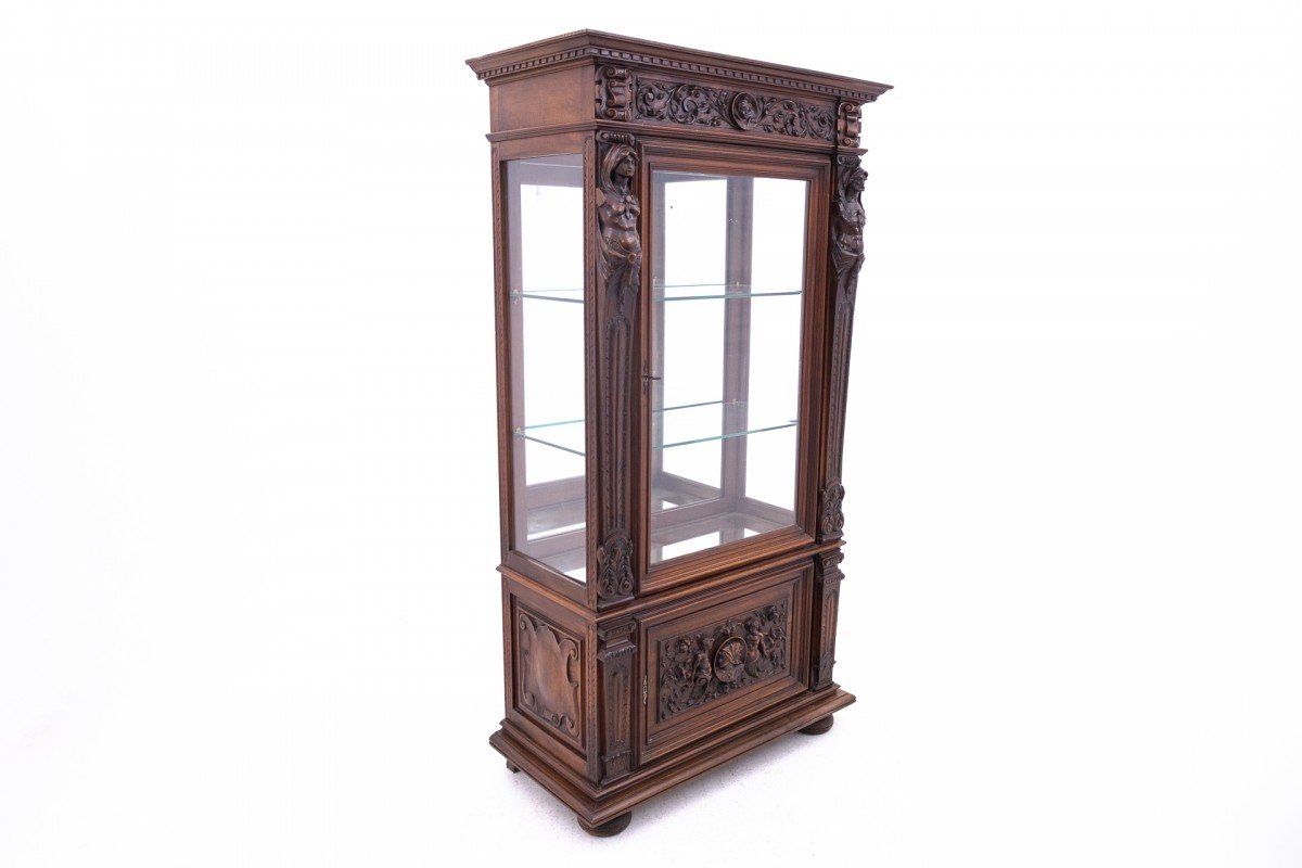 Vitrine ancienne en noyer sculpté, datant de la fin du XIXe siècle, France.-photo-3