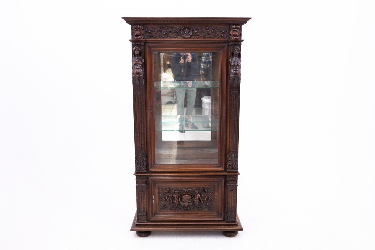 Vitrine ancienne en noyer sculpté, datant de la fin du XIXe siècle, France.-photo-4