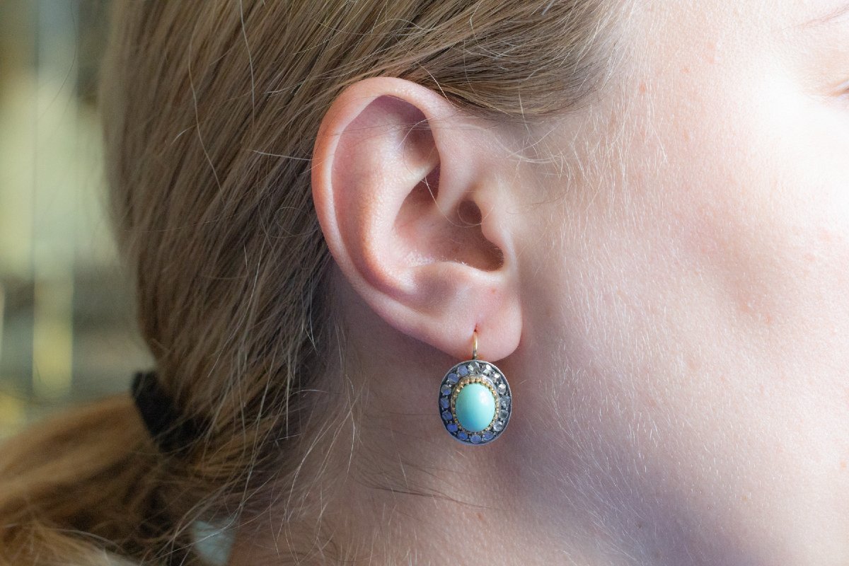 Unique Gold Earrings Adorned With Silver Accents, Diamonds, And Turquoise-photo-2