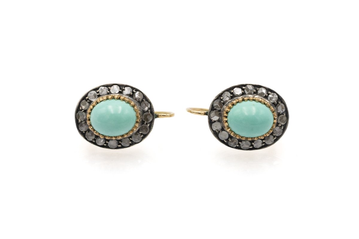 Unique Gold Earrings Adorned With Silver Accents, Diamonds, And Turquoise-photo-3