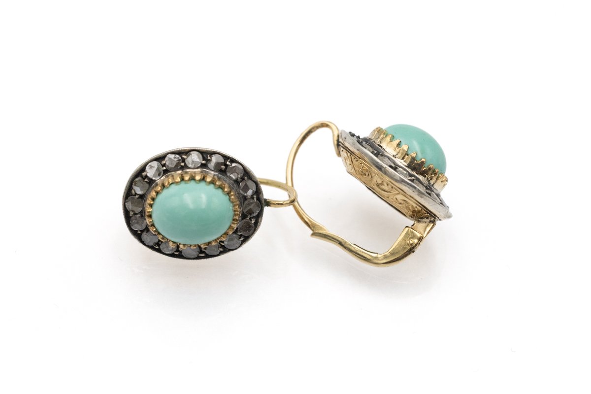 Unique Gold Earrings Adorned With Silver Accents, Diamonds, And Turquoise-photo-4