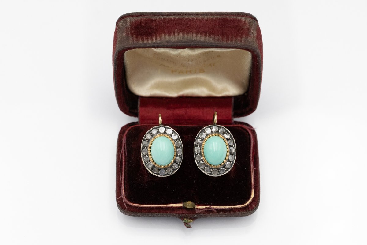 Unique Gold Earrings Adorned With Silver Accents, Diamonds, And Turquoise-photo-1