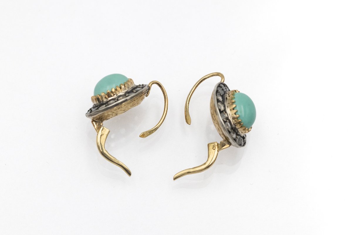Unique Gold Earrings Adorned With Silver Accents, Diamonds, And Turquoise-photo-2