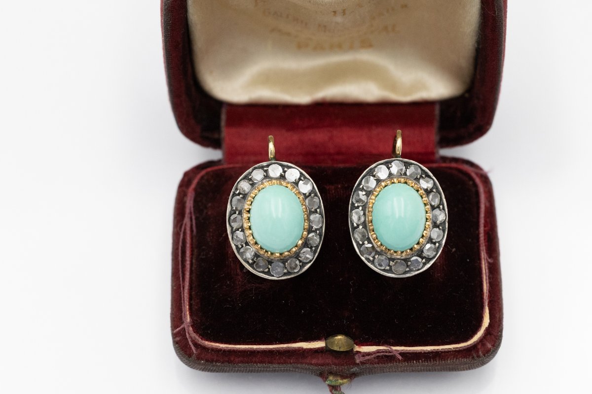 Unique Gold Earrings Adorned With Silver Accents, Diamonds, And Turquoise-photo-3