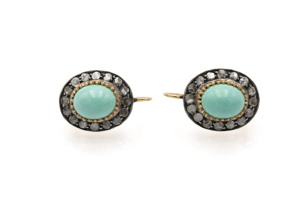 Unique Gold Earrings Adorned With Silver Accents, Diamonds, And Turquoise-photo-4