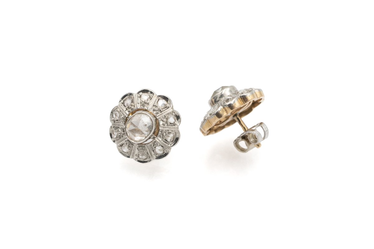 Vintage French Flower-shaped Earrings With Rose-cut Diamonds-photo-3