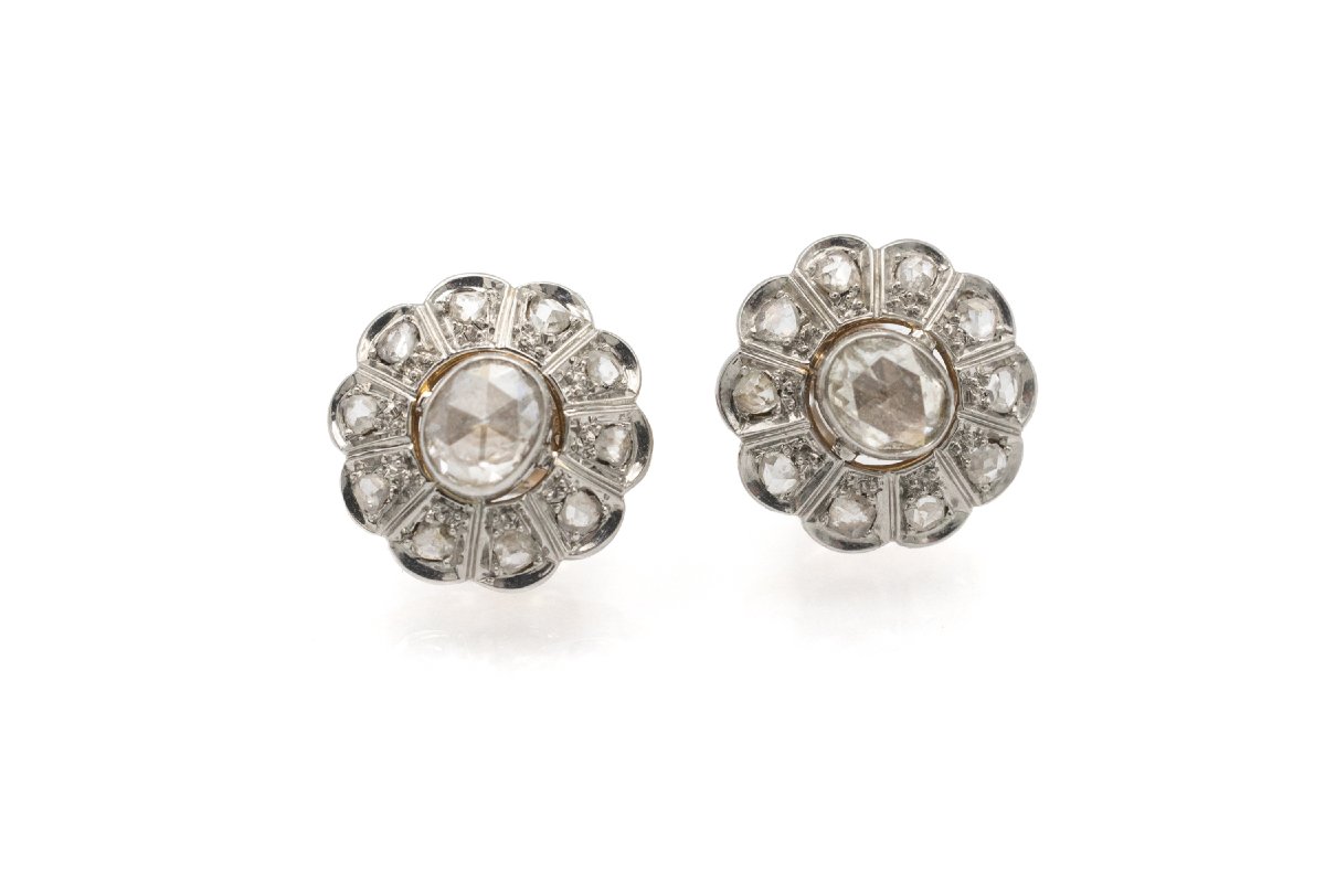 Vintage French Flower-shaped Earrings With Rose-cut Diamonds