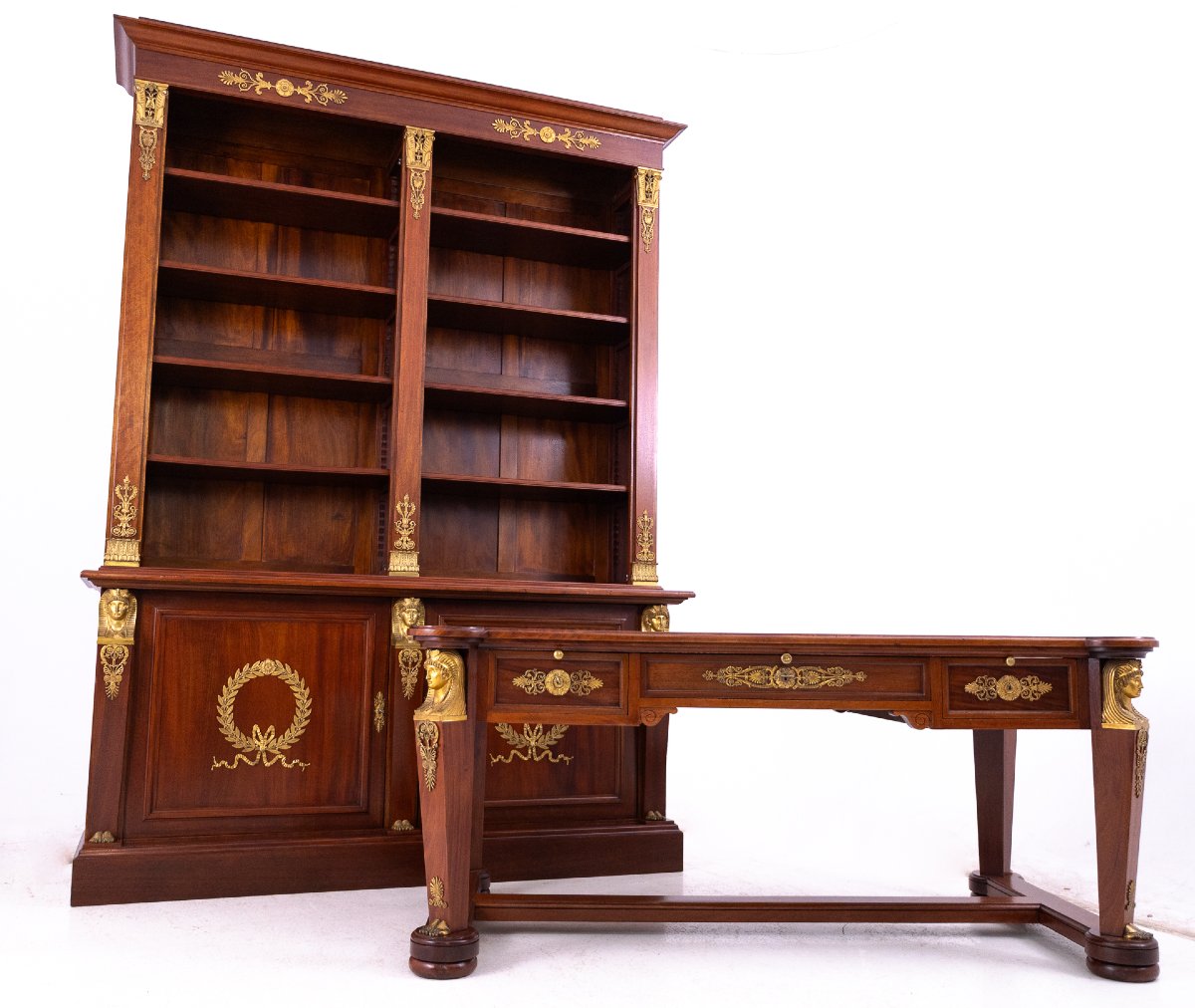 Stunning Empire-style Mahogany Desk With Bookcase, France.-photo-2