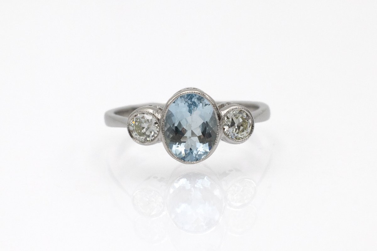 Platinum Ring Set With An Aquamarine And Old-cut Diamonds-photo-4