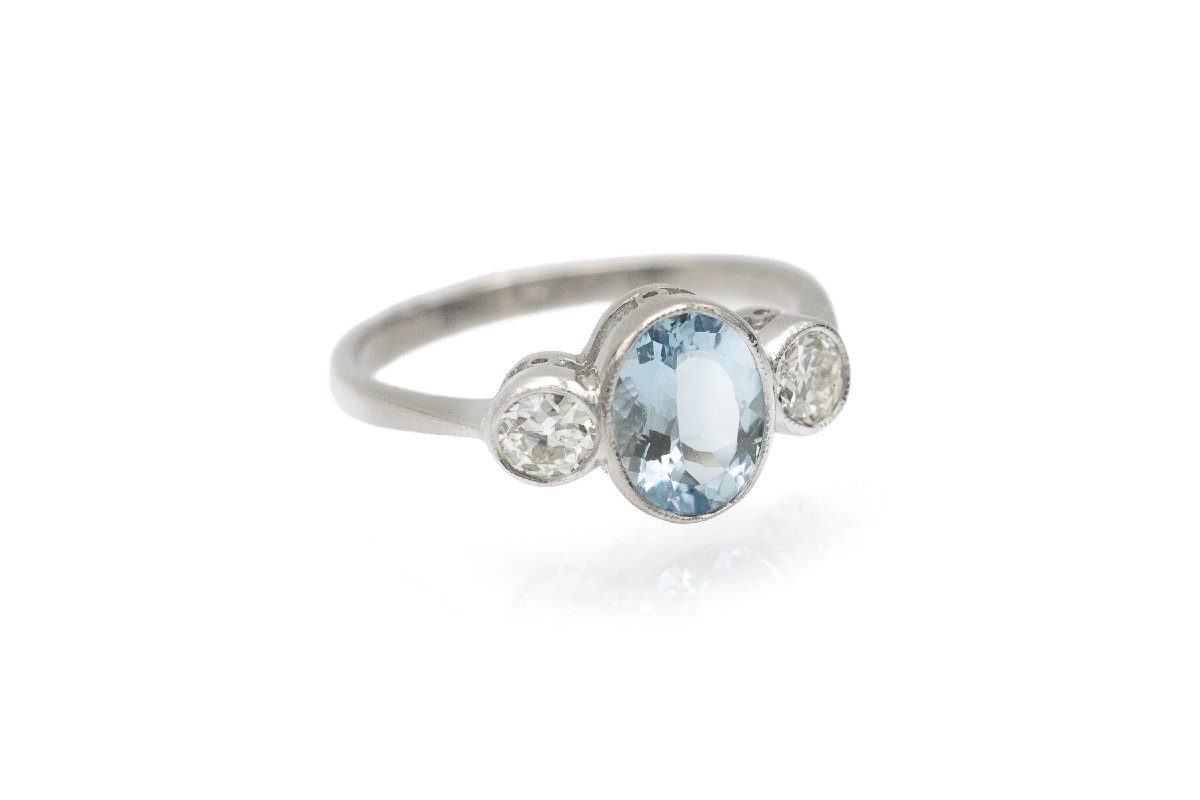 Platinum Ring Set With An Aquamarine And Old-cut Diamonds-photo-1