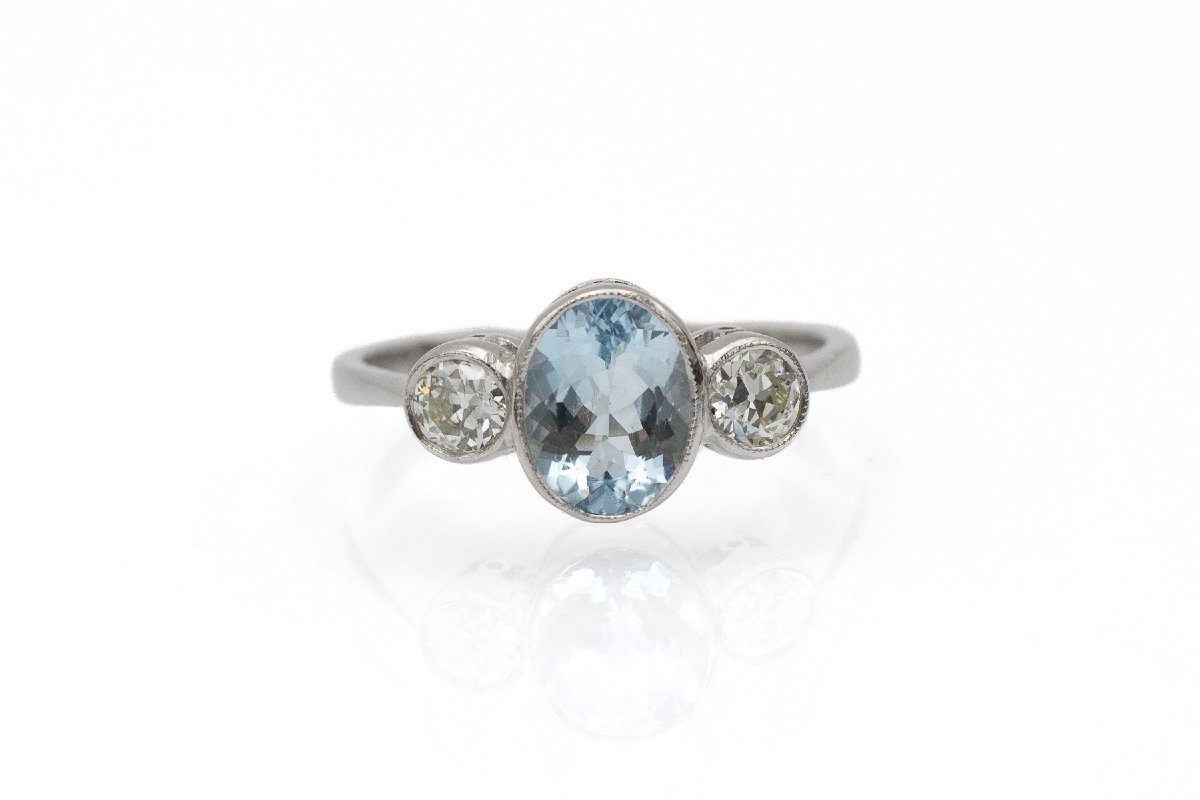 Platinum Ring Set With An Aquamarine And Old-cut Diamonds
