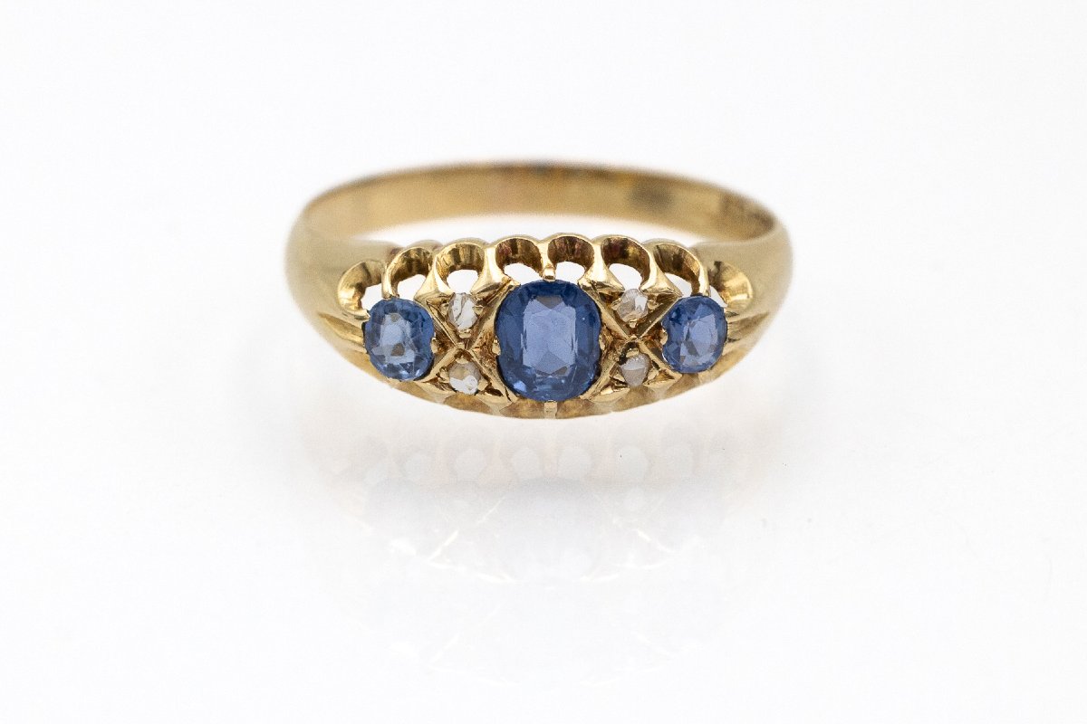 Bague ancienne de style édouardien en or 18 carats, ornée de saphirs et de diamants-photo-4