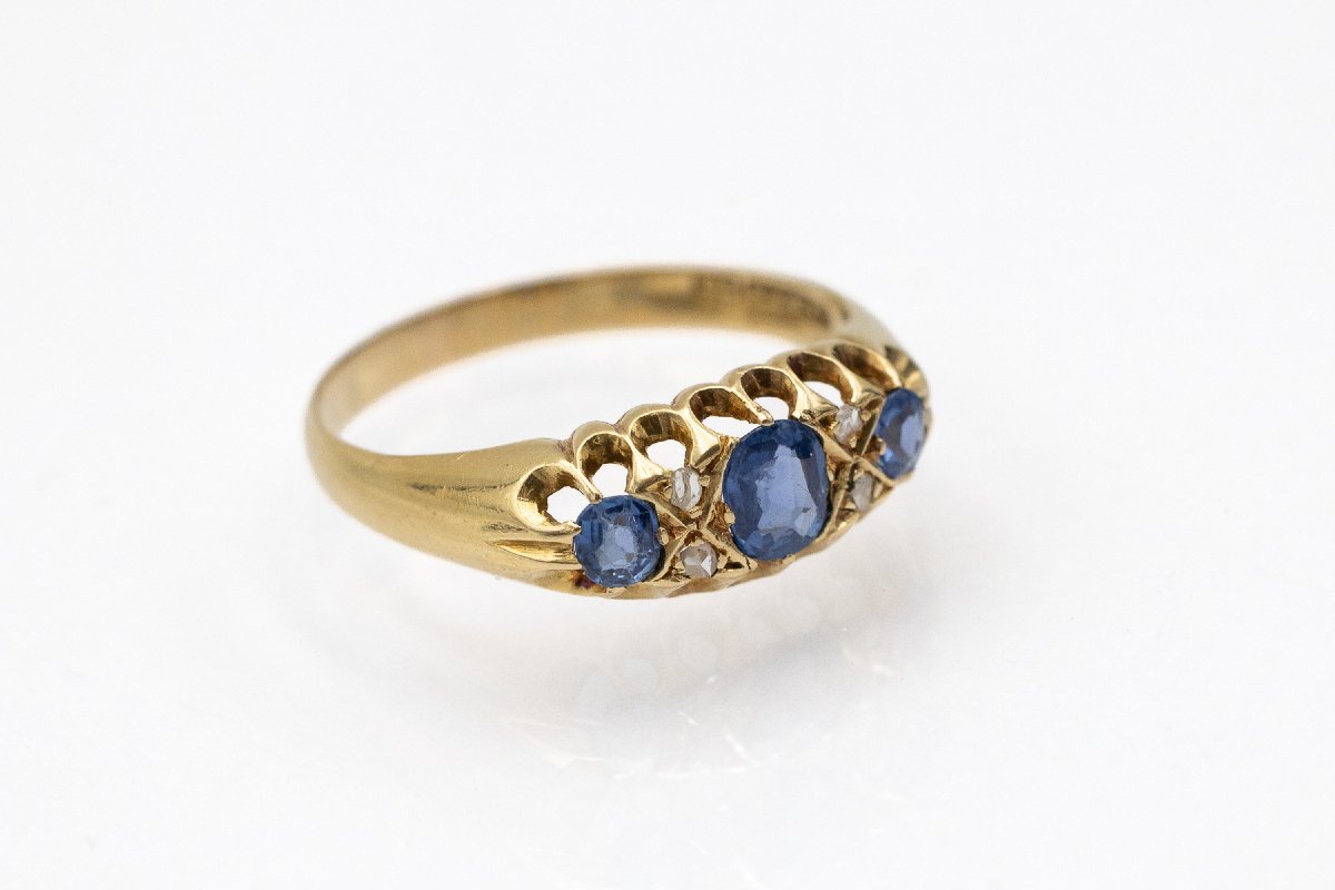 Bague ancienne de style édouardien en or 18 carats, ornée de saphirs et de diamants-photo-2