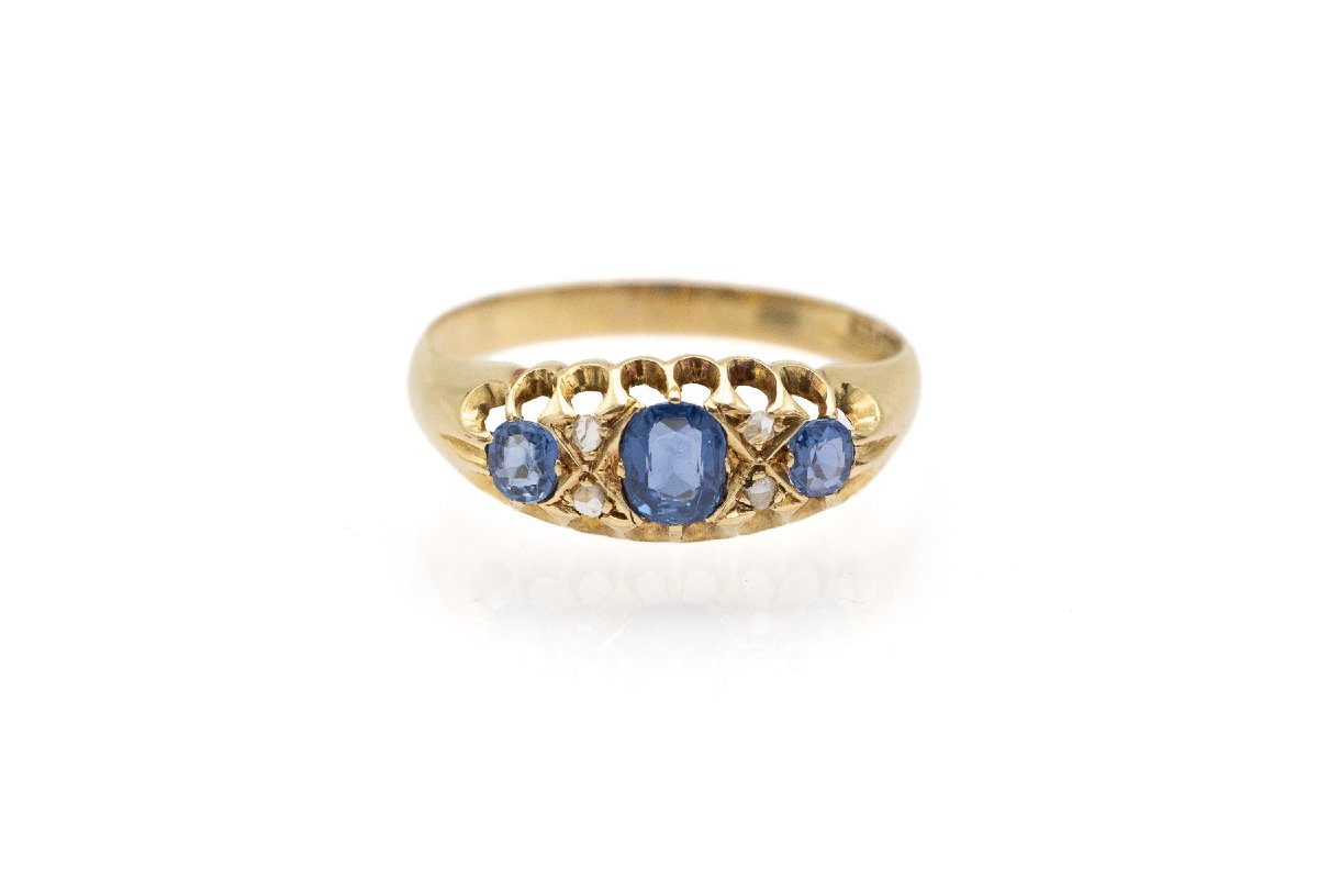 Bague ancienne de style édouardien en or 18 carats, ornée de saphirs et de diamants
