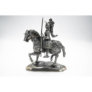 Statue En Argent d'Un Chevalier à Cheval, Argent 800, Italie, Seconde Moitié Du XXe Siècle.