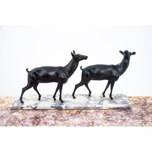 Bronze Figures "two Hinds" On A Stone Base.