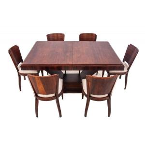 Original Extending Table In Walnut, Designed By Louis Majorelle, With 6 Art Deco Chairs.