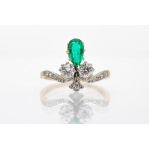 Antique Fleur De Lys Gold Ring With Emerald And Diamonds, France, Second Half Of The 19th Century