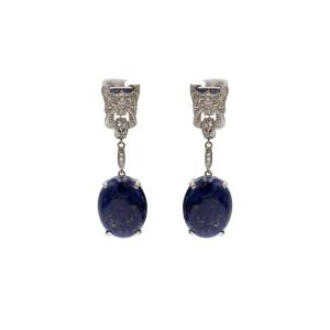 Boucles d'oreilles pendantes Art déco en platine avec lapis-lazuli et diamants