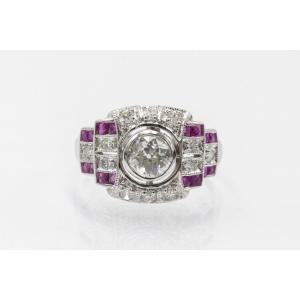 Geometric Art Deco Ring In Diamond And Ruby