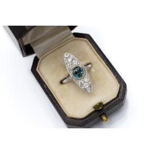 Marquise Ring In Gold, Magnificent Art Deco Style Adorned With Sapphires And Diamonds, First Half