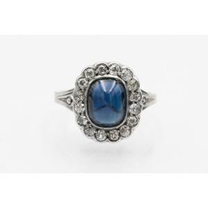 Art Deco Ring With Cabochon Sapphire And Diamonds