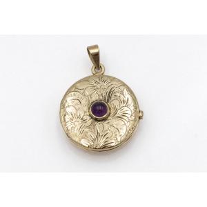 Gold Locket Pendant With Amethyst, Mid-20th Century
