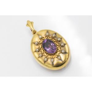 Sentimental Gold Brooch-pendant With Amethyst And Natural Pearls, Late 19th Century.