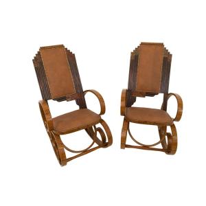 Paire de fauteuils à bascule Art Déco uniques, Pologne, vers 1930.