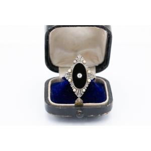 Art Deco Ring Set With Onyx, Diamonds, And Pearls