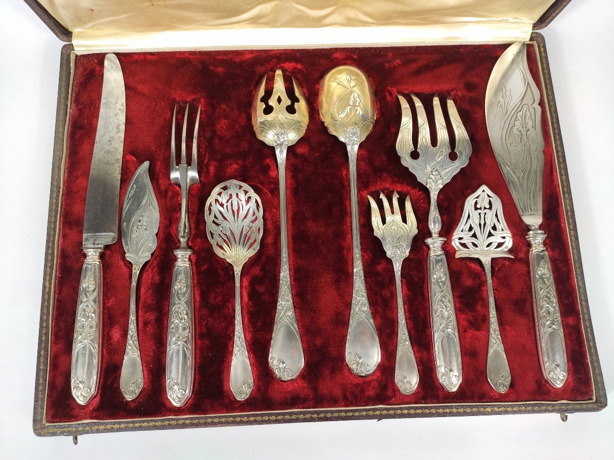 Puiforcat: Exceptional Set Of Silver Service Cutlery, Iris Art Nouveau. Salad,-photo-2